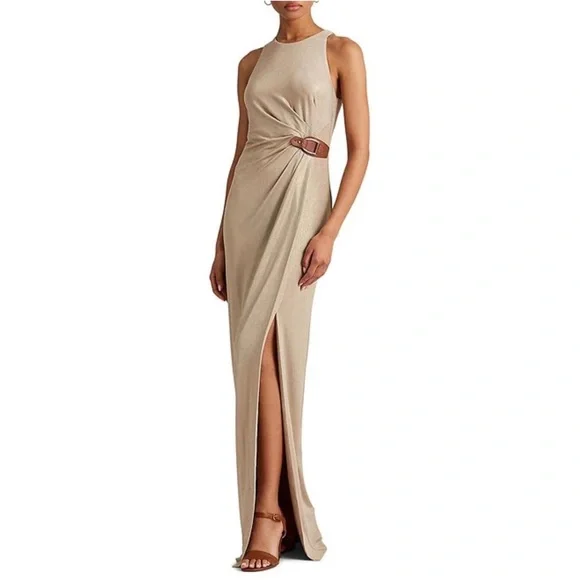 Ralph Lauren | Dresses | Ralph Lauren Metallic Jersey Crew Neck Sleeveless  Leather Buckle W Slit Gown | Poshmark